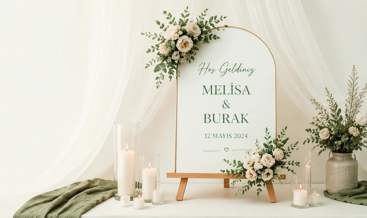 Çiçekler ve mumlarla hazırlanan karşılama köşesi